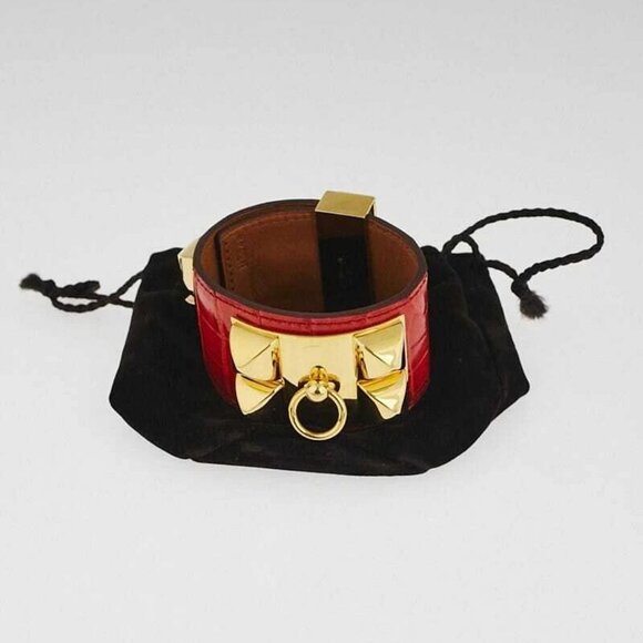 Hermes Geranium Matte Alligator Gold Plated Collier de Chien Cuff Bracelet - Picture 1 of 10